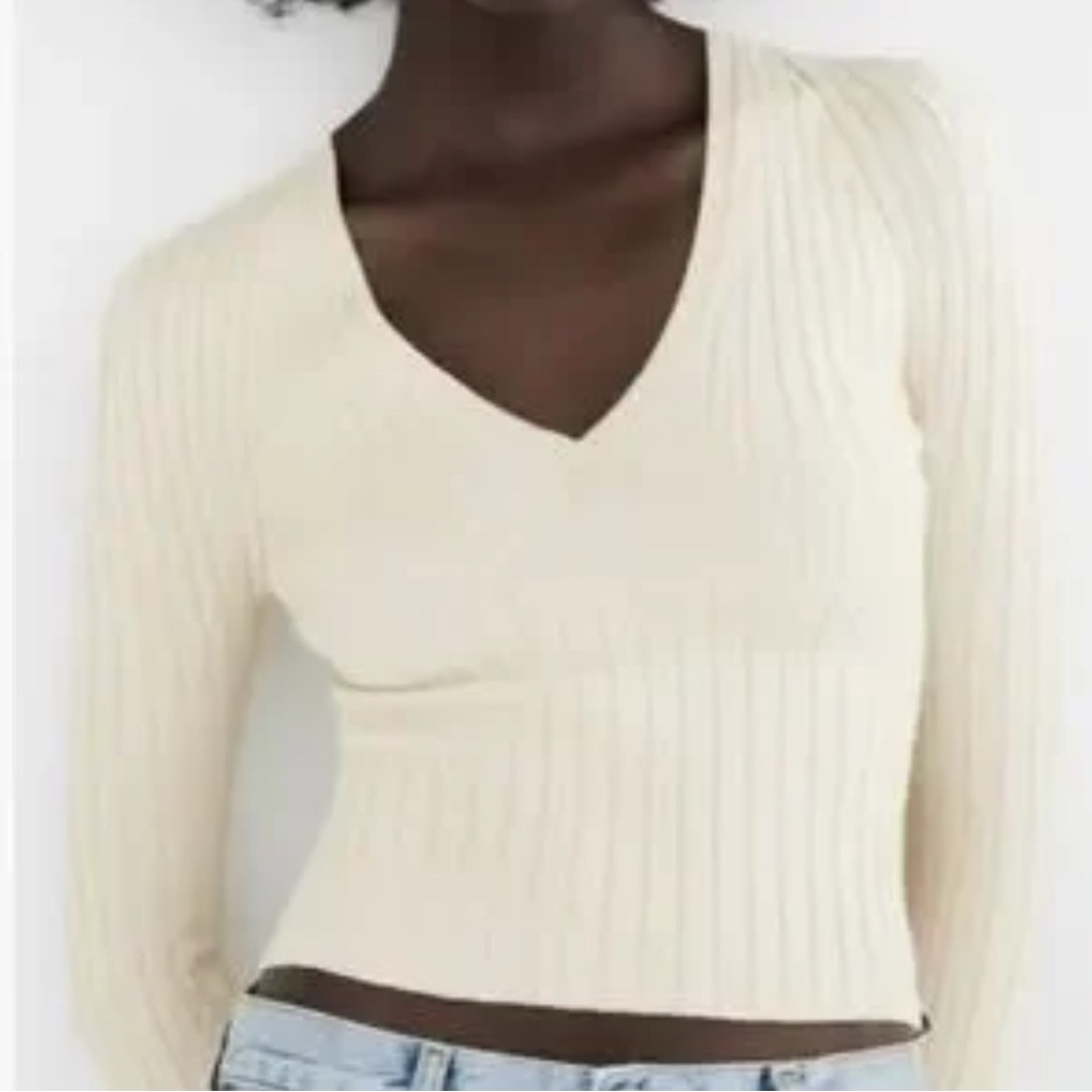 Cream Brandy Melville Ribbed V-Neck Sweater
